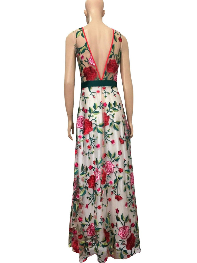 Embroidery Flowers Backless Pleated Long Prom Party Dress