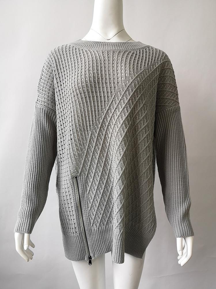 Off Shoulder Zipper Loose Irregular Pur Color Sweater