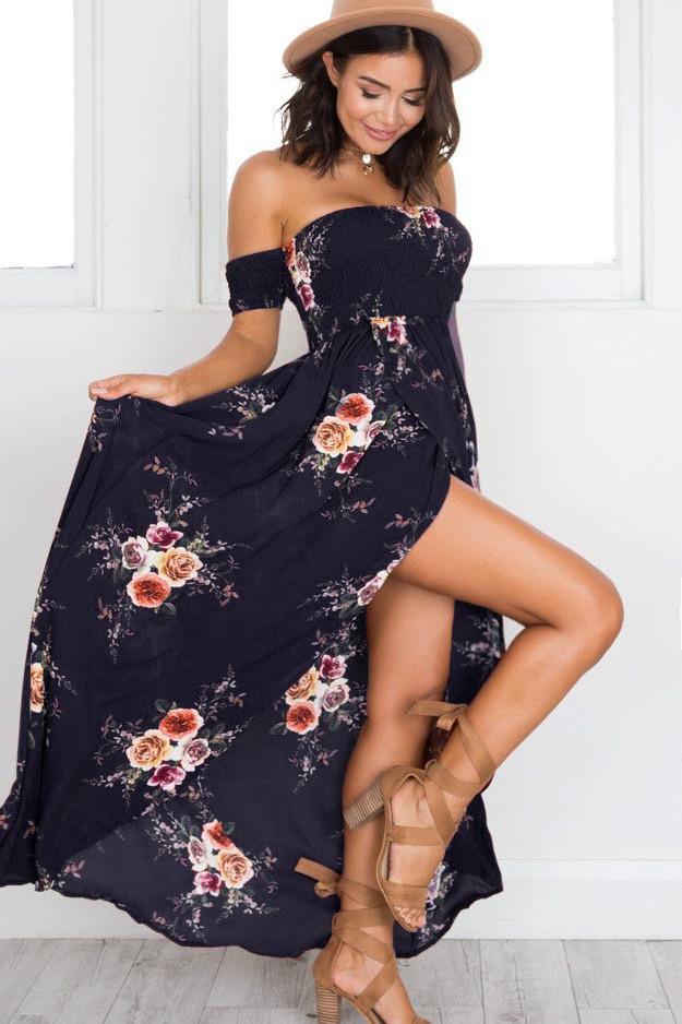 Off Shoulder Short Sleeves Low High Split Flower Print Long Beach Dress