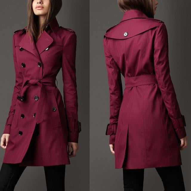 Turn-down Collar Belt Double Button Slim Mid-length Coat - May Your Fashion - 4