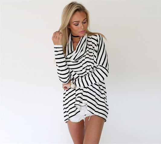 Striped Casual Plus Size High Neck Long Sleeves Blouse - May Your Fashion - 1