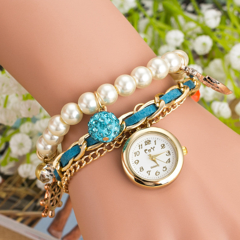 Fashion Pearl Beads Anchor Tassel Bracelet Watch