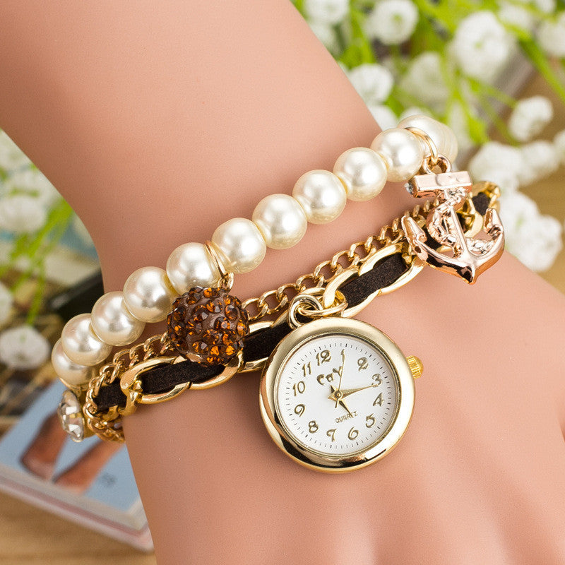 Fashion Pearl Beads Anchor Tassel Bracelet Watch