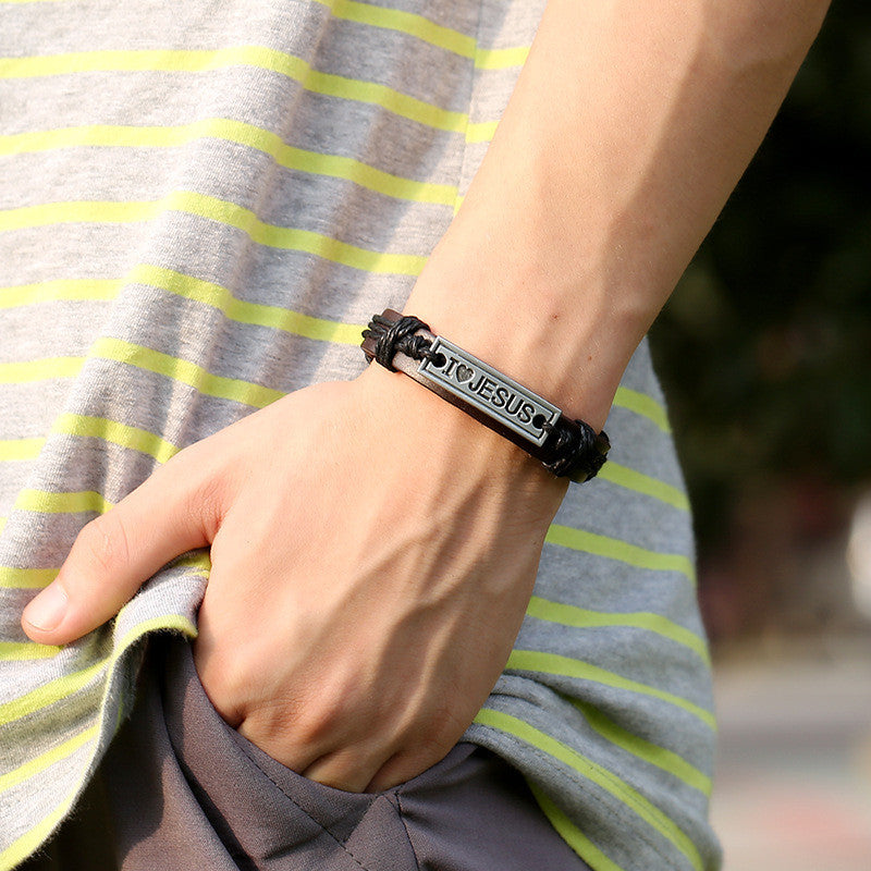 I Love Jesus Hand-woven Alloy Leather Bracelet