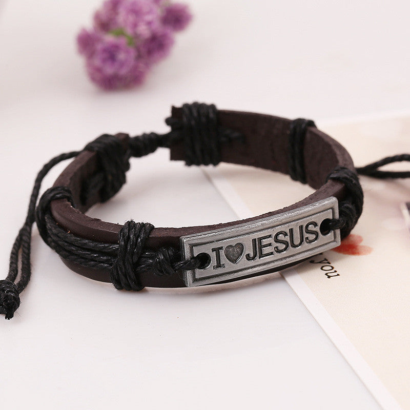 I Love Jesus Hand-woven Alloy Leather Bracelet