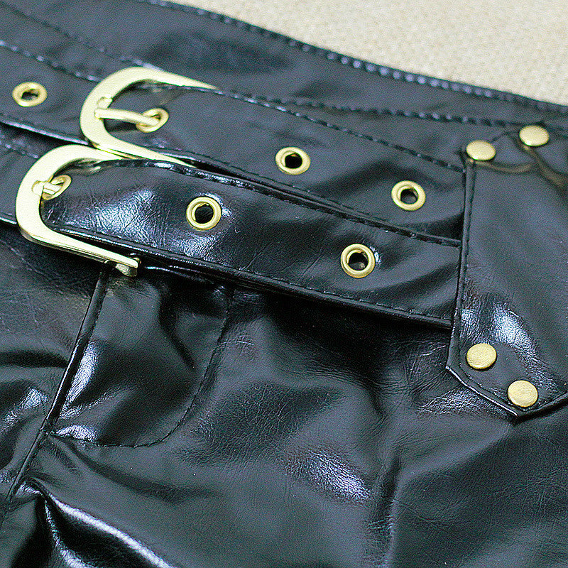 Black PU Buckles Low Waist Women's Shorts
