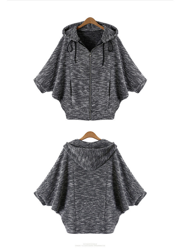 Hooded Zipper Bat-wing Sleeves Street Casual Short Coat
