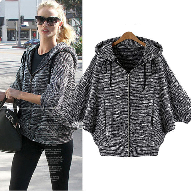 Hooded Zipper Bat-wing Sleeves Street Casual Short Coat