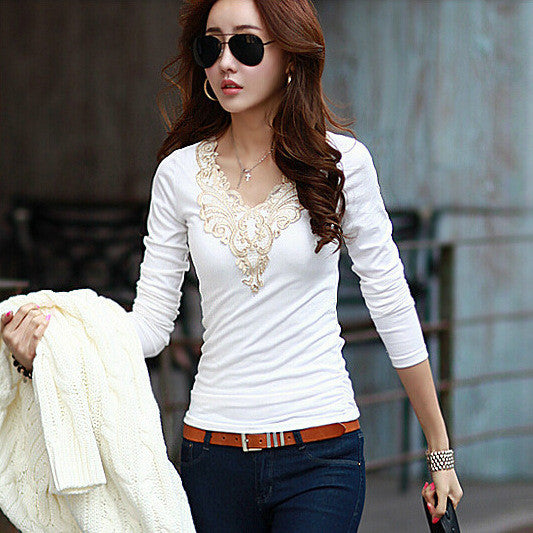 Plus Size Lace Patchwork Slim Long Sleeves V-neck Blouse