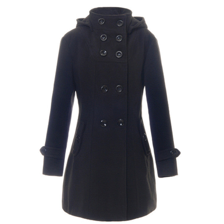 Double Button Hooded Long Sleeves Mid-length Wool Thick Coat
