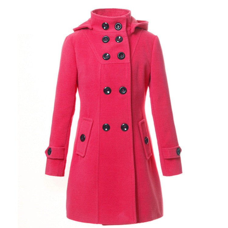 Double Button Hooded Long Sleeves Mid-length Wool Thick Coat