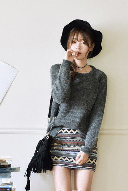 Pure Color Pullover Knit Scoop Color Mixing Sweater - May Your Fashion - 1