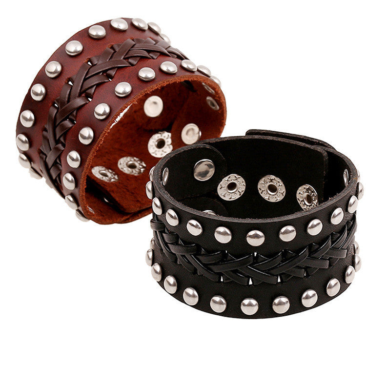 Wide Rivet Braided Leather Bracelet