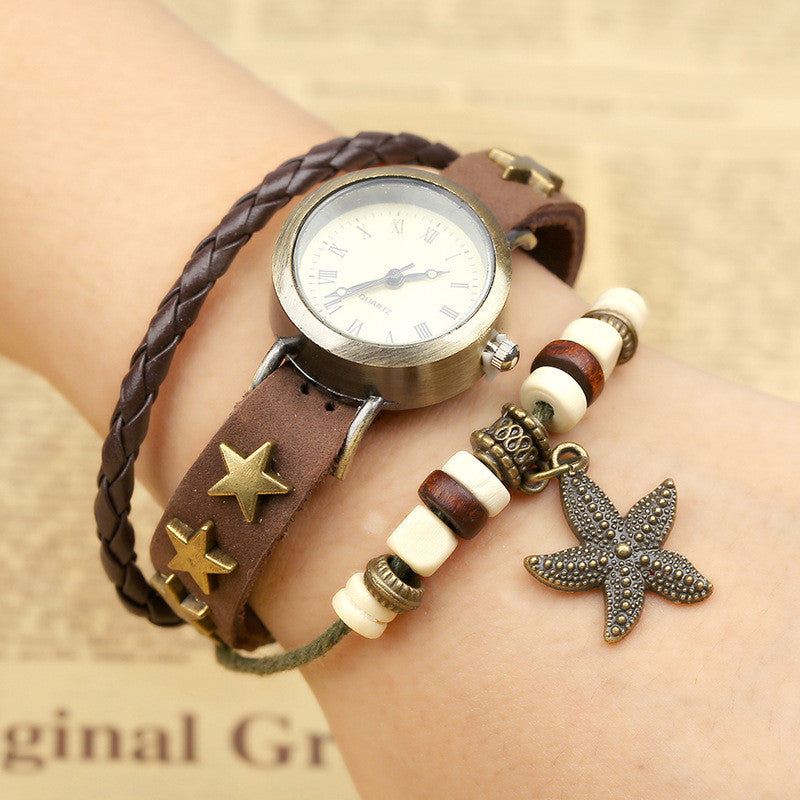 Retro Star Leather Woven Bracelet Watch