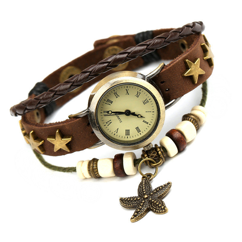 Retro Star Leather Woven Bracelet Watch