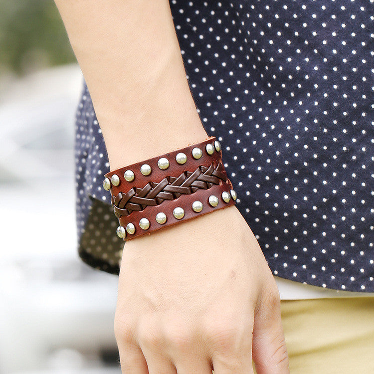 Wide Rivet Braided Leather Bracelet