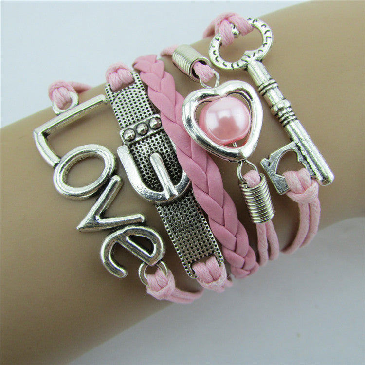 Romantic Pink LOVE Hearts Pearl Key Ring Bracelet
