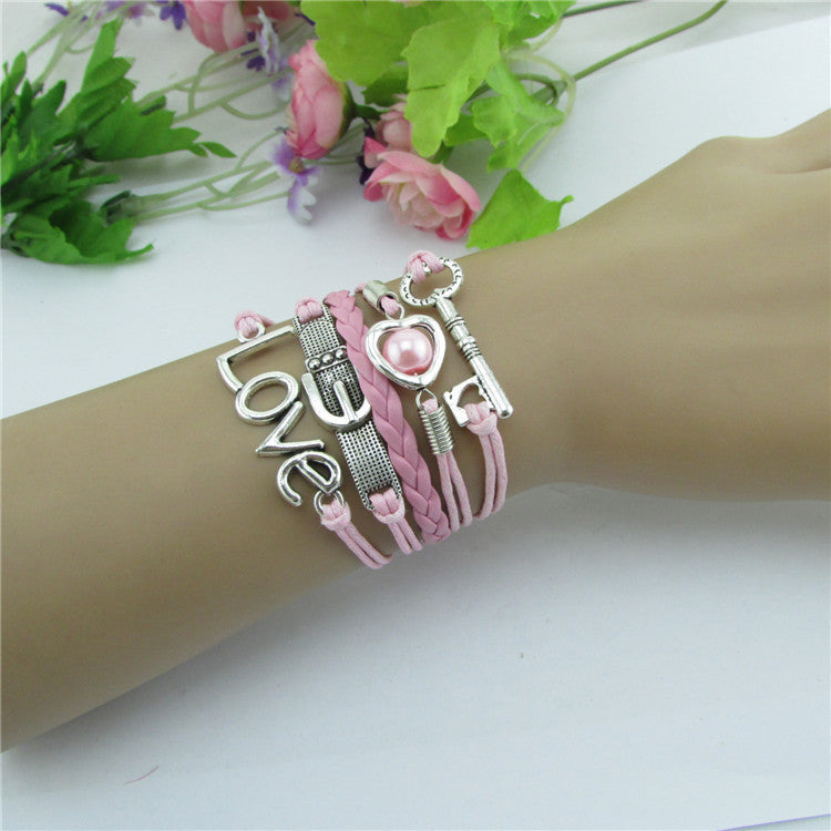 Romantic Pink LOVE Hearts Pearl Key Ring Bracelet
