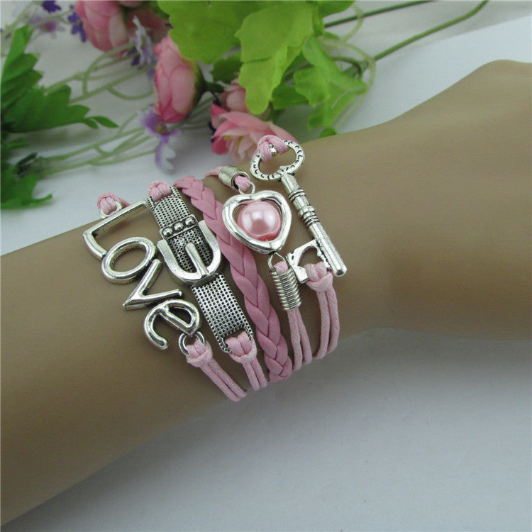 Romantic Pink LOVE Hearts Pearl Key Ring Bracelet