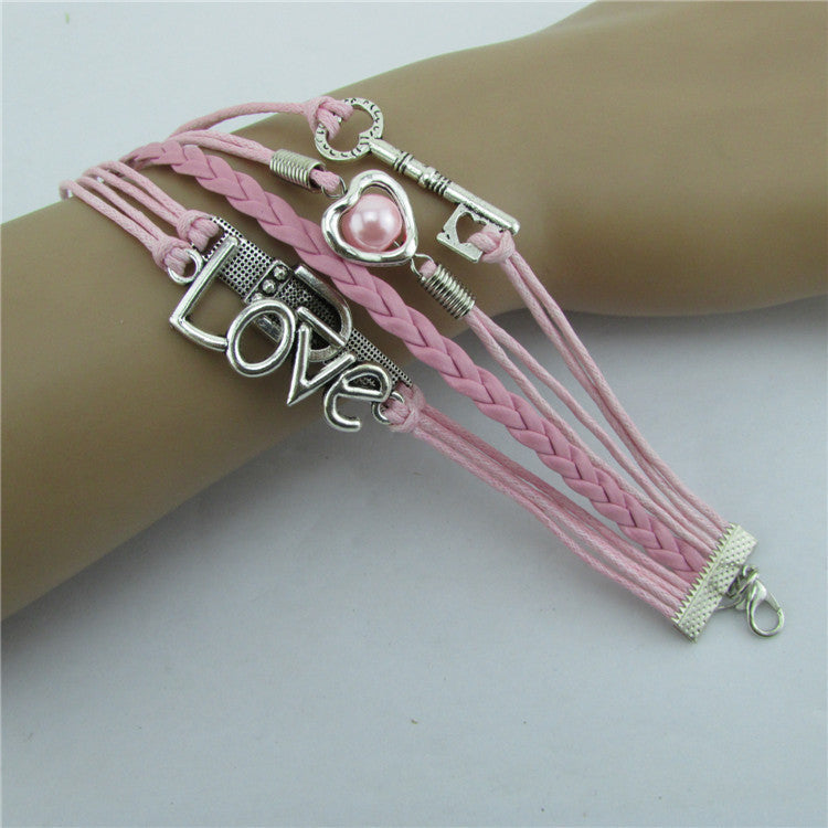 Romantic Pink LOVE Hearts Pearl Key Ring Bracelet