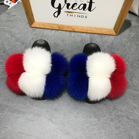Color Matching Large Fur Real Natural Fox Fur Slides Colorful Fluffy Fur Slides Sandals Slippers Fashion Women Shoes