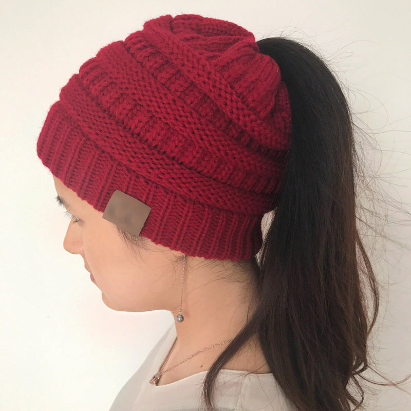 Women's Winter Outdoor Warm Wool Hat Empty Top Horsetail Knitted Hat