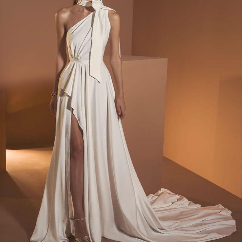 Elegance White Low High Evening Floor Length Dress