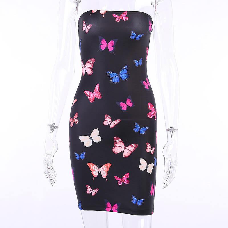 Butterfly Print Tube Bodycon Short Dress