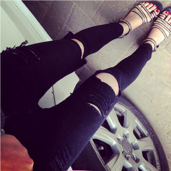 Skinny Slim Hole Ripped Pencil High Waist Jeans
