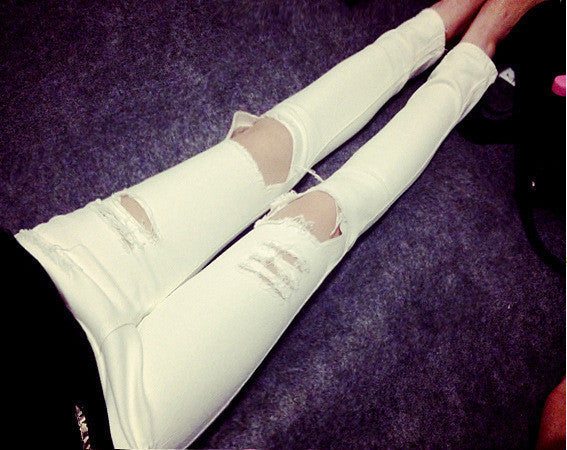 Skinny Slim Hole Ripped Pencil High Waist Jeans