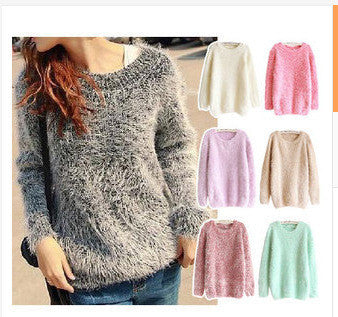 Korea Style Loose Mohair Women's Round Neck Knitting Sweater