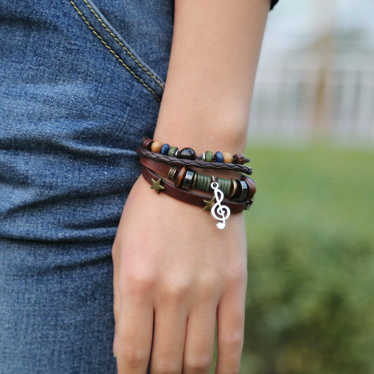 Alloy Note Star Beaded Leather Bracelet