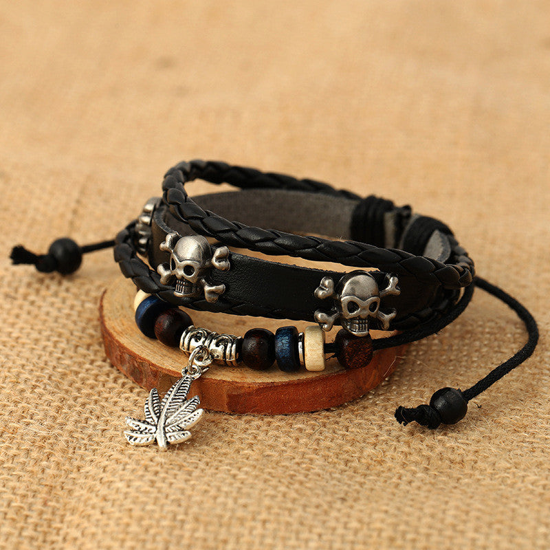 Personality Skull Leaf Leather Bracelet