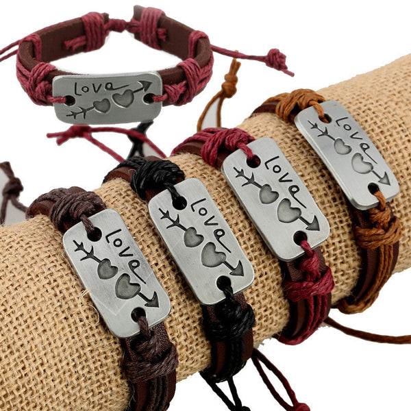 Arrow Through Heart LOVE Leather 4 Bracelet Set