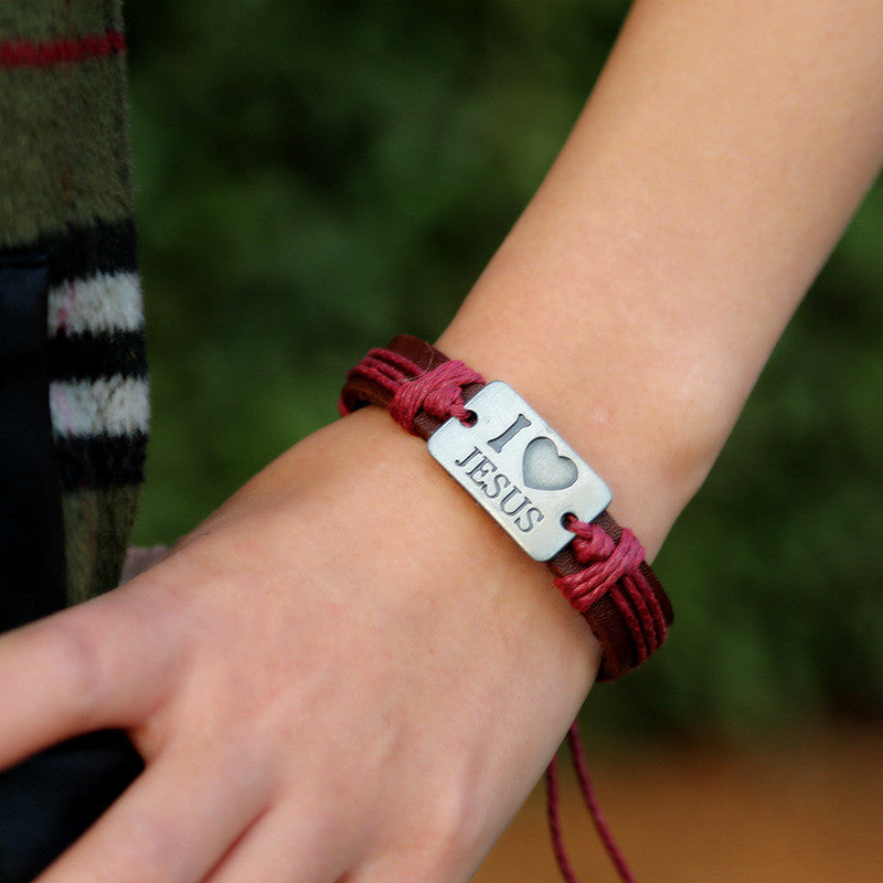 I Love Jesus Alloy Leather Bracelet