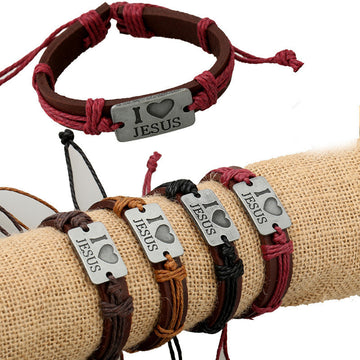 I Love Jesus Alloy Leather Bracelet Set