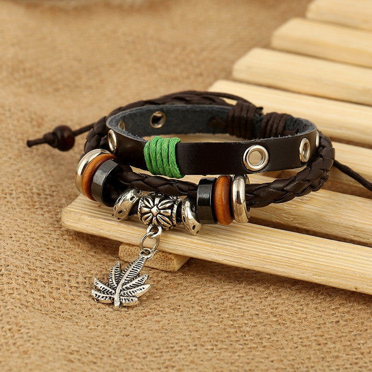 Maple Leaf Pendant Leather Bracelet