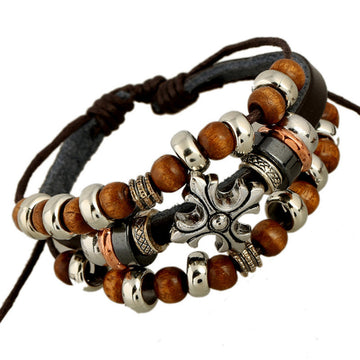 Cross Wooden Beaded Leather Bracelet