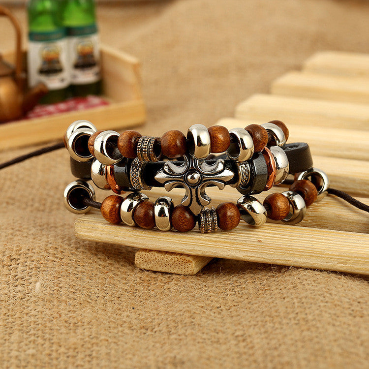 Cross Wooden Beaded Leather Bracelet