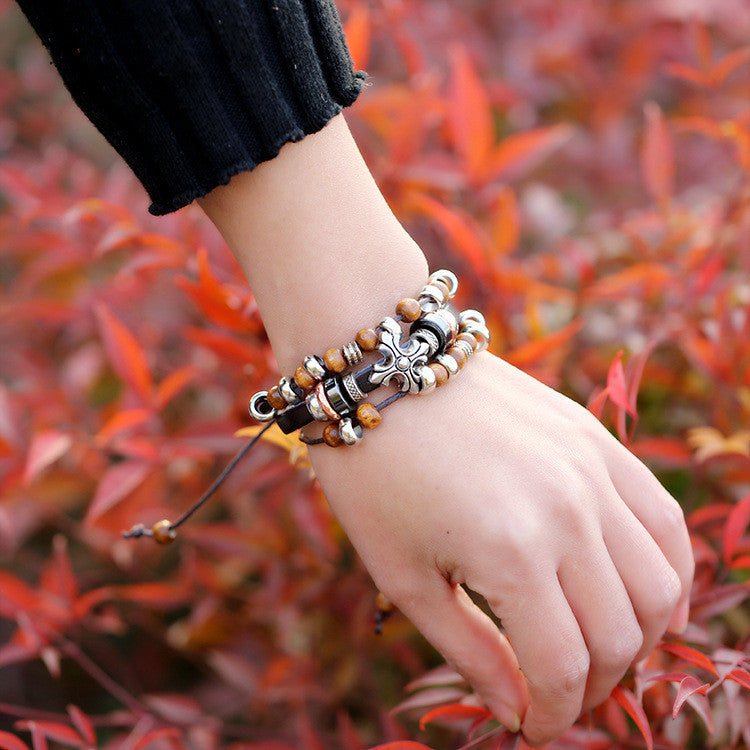 Cross Wooden Beaded Leather Bracelet