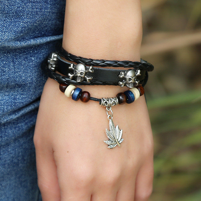 Personality Skull Leaf Leather Bracelet