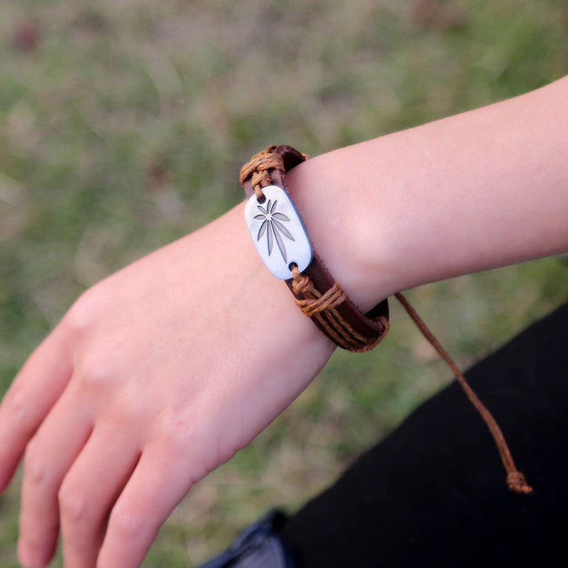 Retro Carving Leaves Woven Bracelet