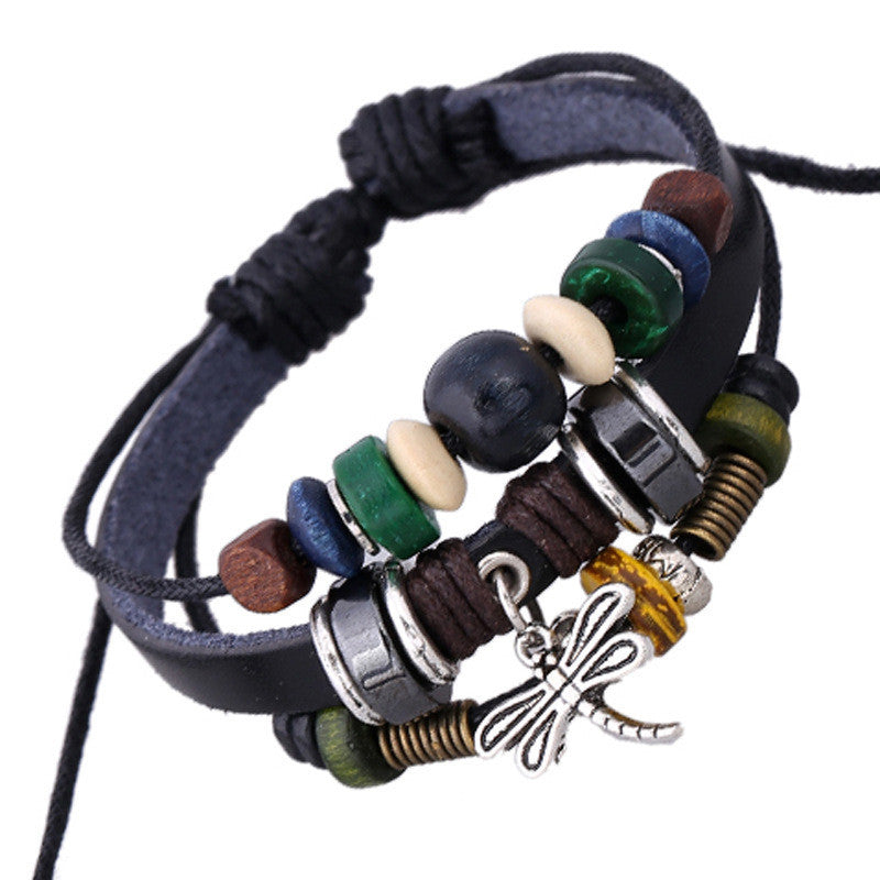 Dragonfly Pendant Beaded Leather Bracelet