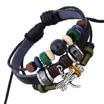 Dragonfly Pendant Beaded Leather Bracelet
