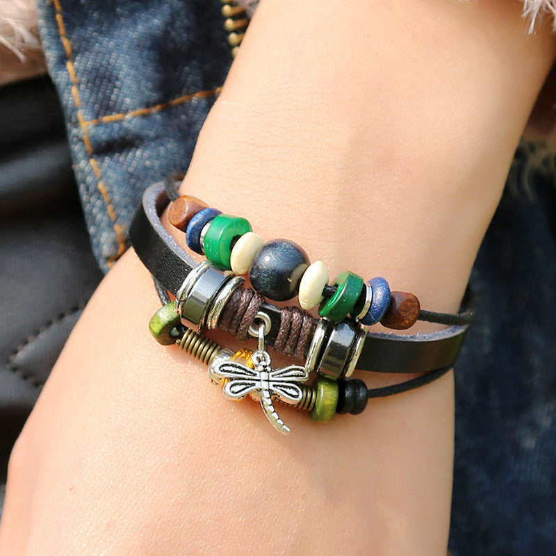 Dragonfly Pendant Beaded Leather Bracelet