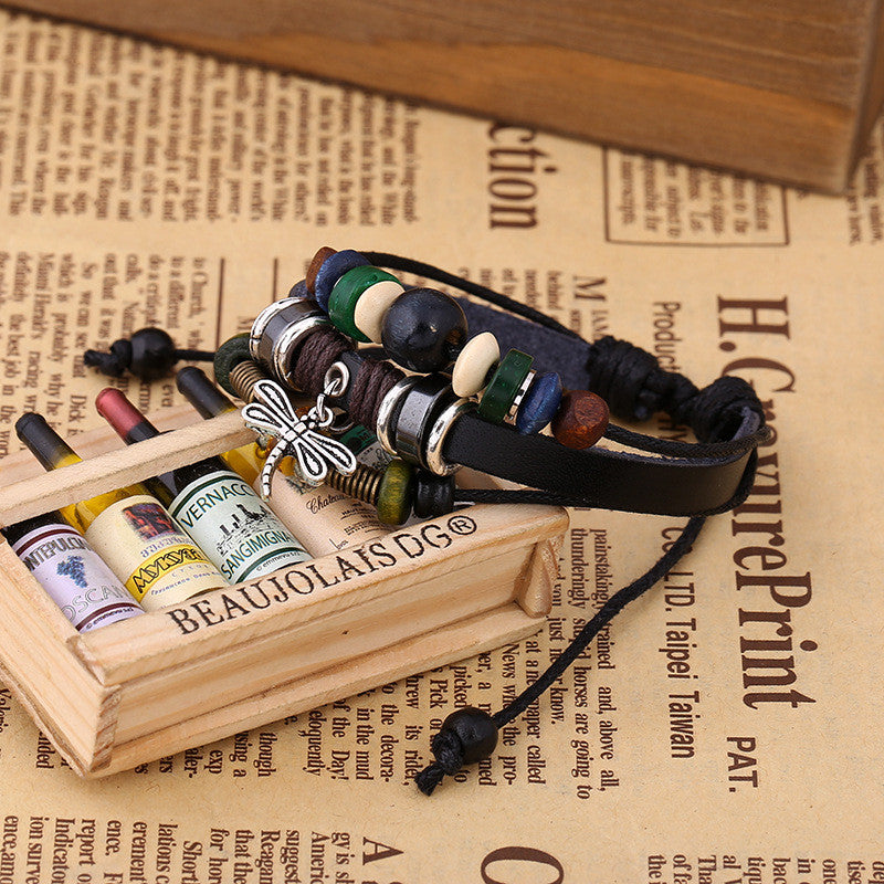 Dragonfly Pendant Beaded Leather Bracelet
