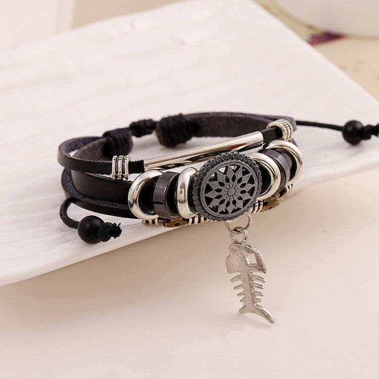 Personality Fish Bone Pendant Leather Bracelet