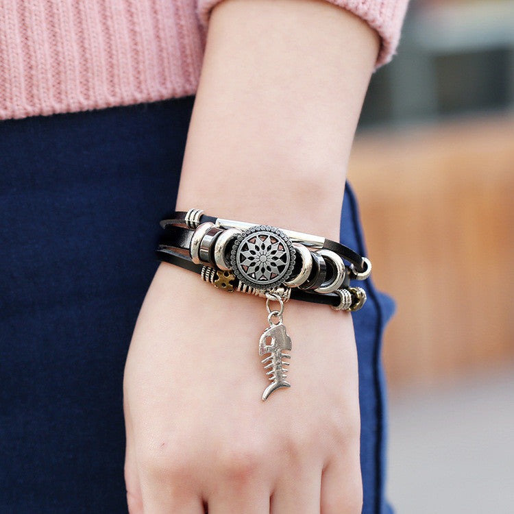 Personality Fish Bone Pendant Leather Bracelet
