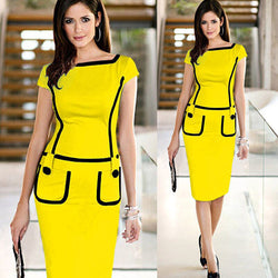 Square Collar Short Sleeves Pockets Slim Pencil Knee-length Dress