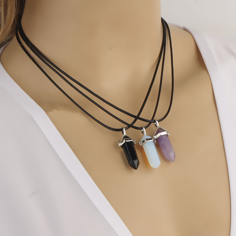Short Natural Stone Rhombus Pendant Necklace